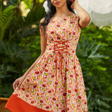 1950s style dress with bold red border featuring lobster and lemon print detail