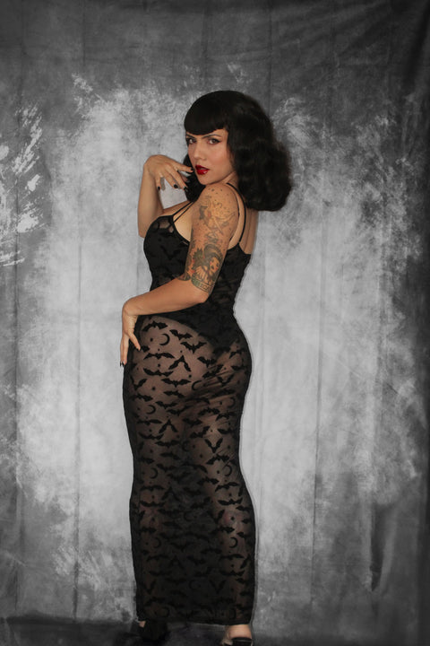 Sheer Hourglass Maxi Dress - Velvet Flocked Bats