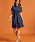 Full-length view of a navy cotton fit-and-flare dress with an eyelet bodice, collared neckline, and gathered skirt.