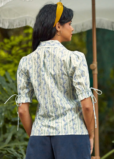 Back view of the Dear Diary Blouse in Blue Willow showing the relaxed fit and lightweight woven cotton fabric.