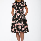 Black & Pink Floral Swing Dress