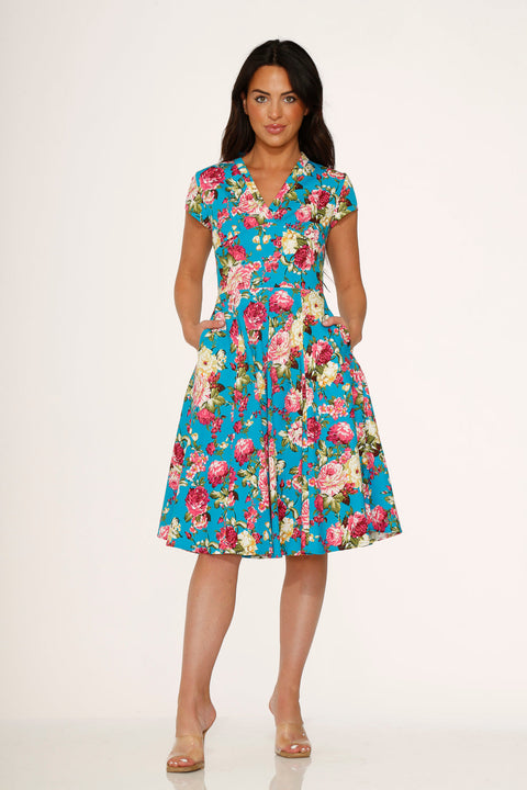 Blue & Pink Floral Swing Dress