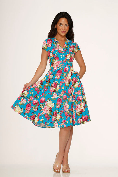 Blue & Pink Floral Swing Dress