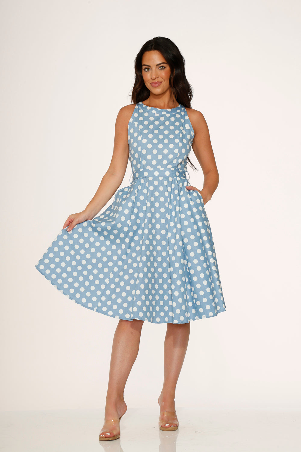 blue polka dot dress outfit Polka-Dot Wedding-Guest Dress: Mac Duggal 37053 Sky Multi / 0