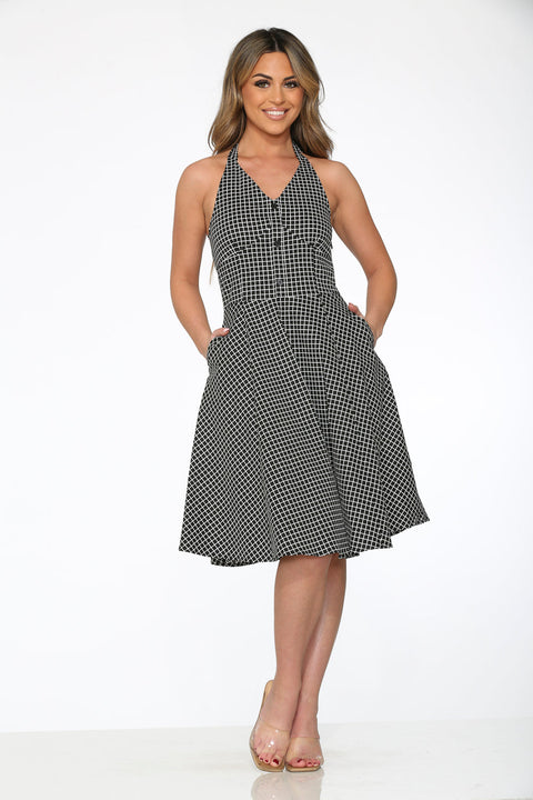Black White Checkmate Halter Dress