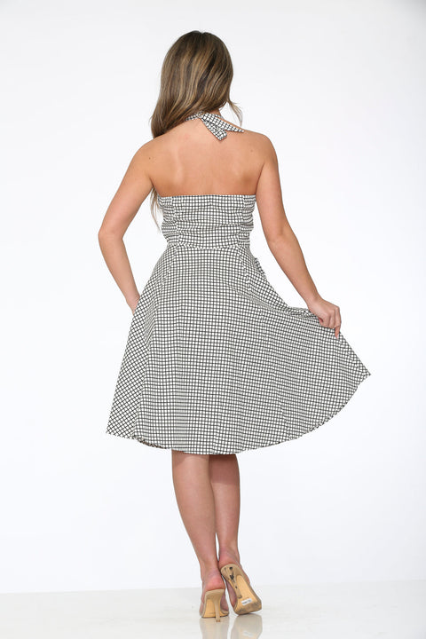 White & Black Checkmate Halter Swing Dress