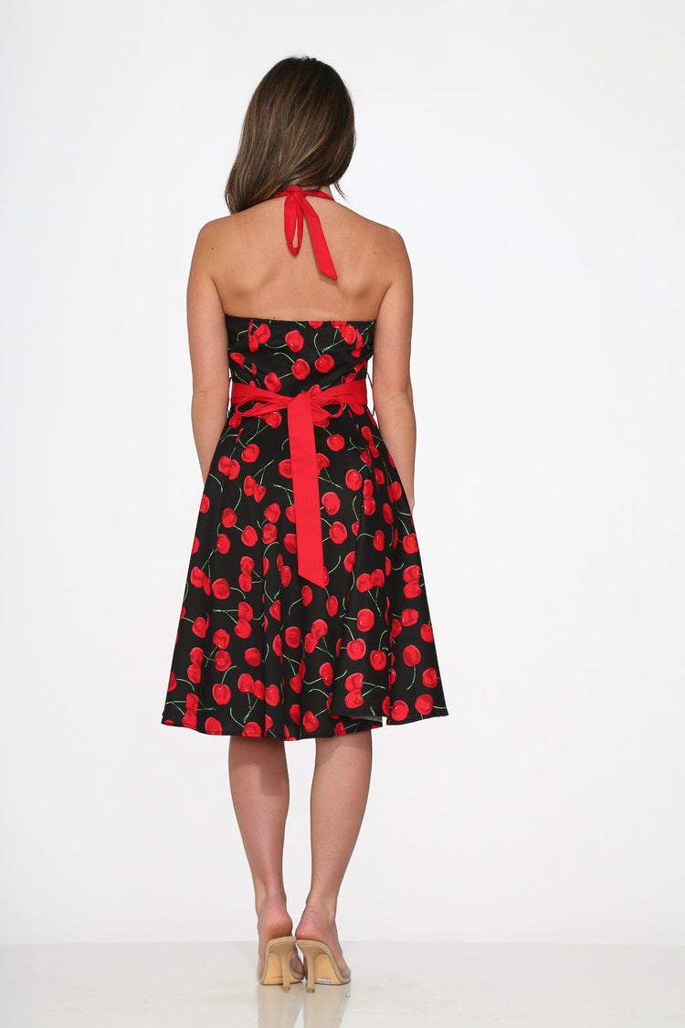 Black & Red Cherry Halter Dress