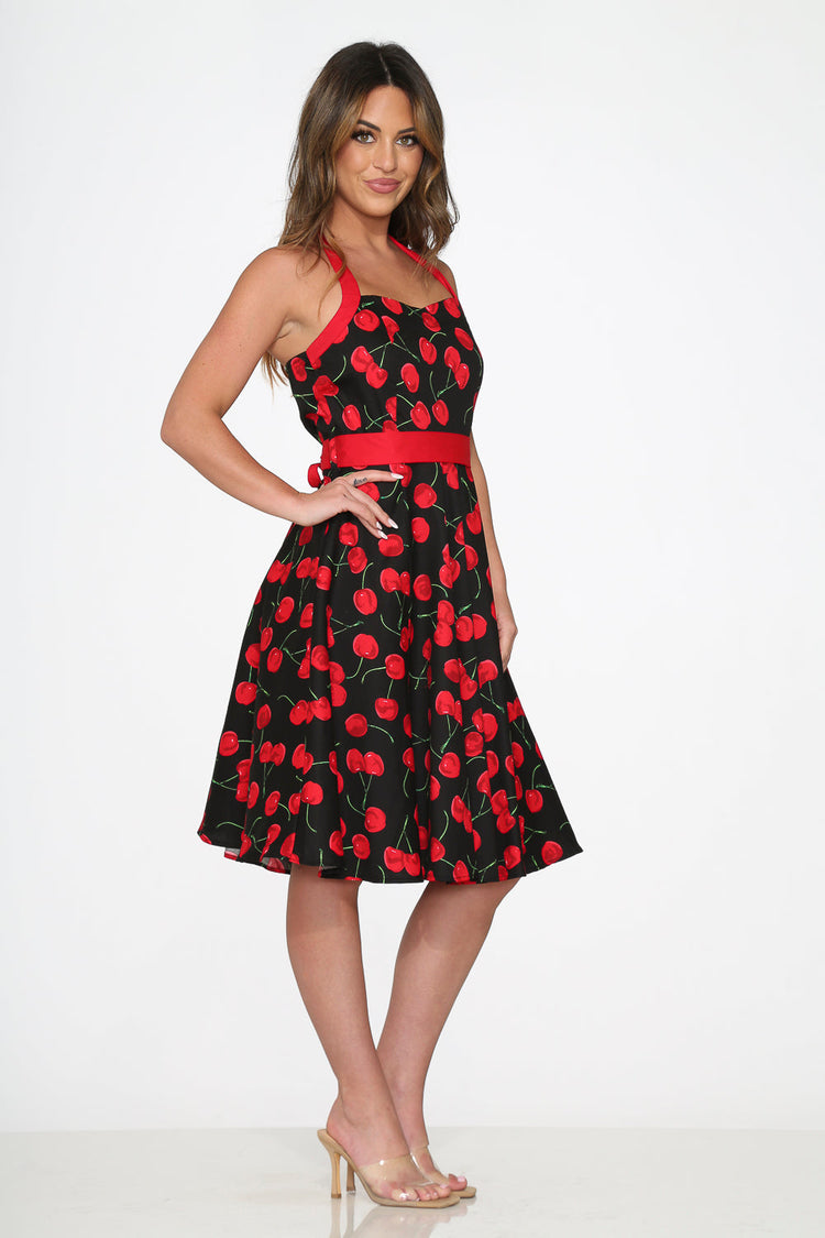 Black & Red Cherry Halter Dress
