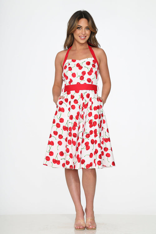 White Red Cherry Halter Swing Dress