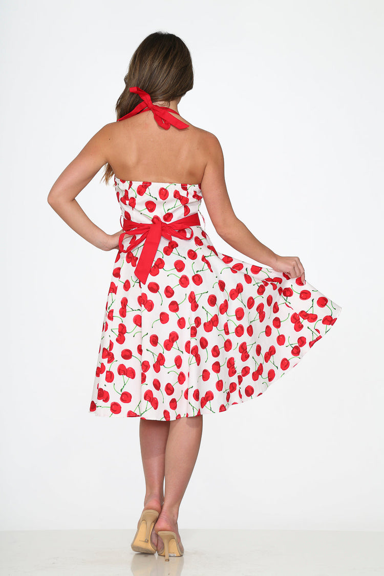 White Red Cherry Halter Swing Dress
