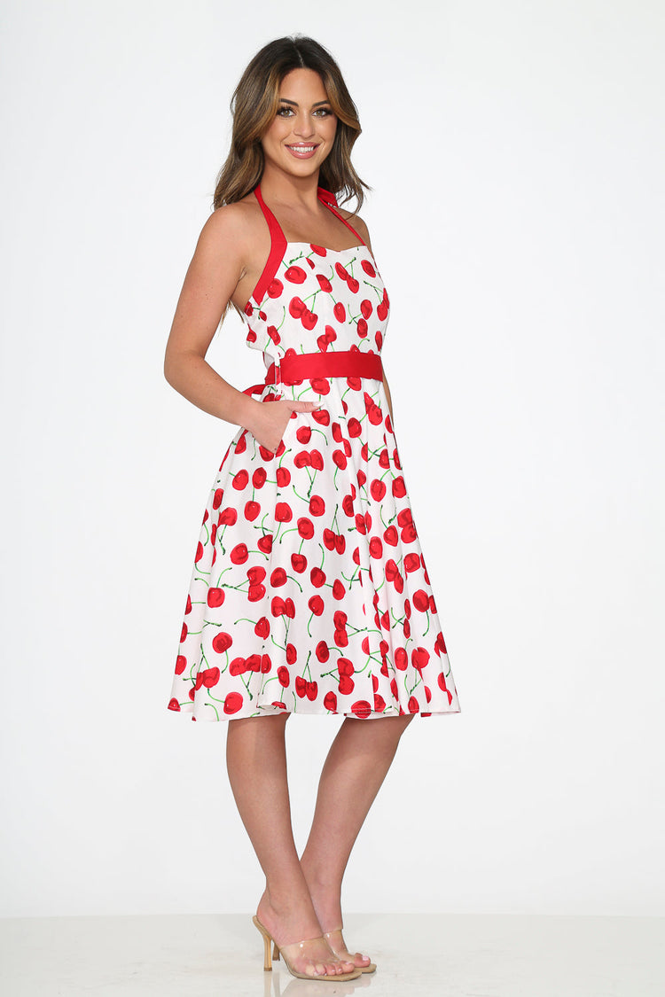 White Red Cherry Halter Swing Dress