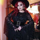 Dracuella - Velvet BATS Flocked Mini Dress with Witchy Bell Sleeves