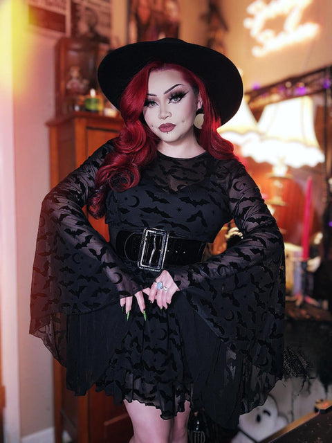 Dracuella - Velvet BATS Flocked Mini Dress with Witchy Bell Sleeves