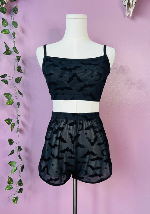 The Sinister Set - BATS - Sheer Velvet Flocked Bra & Shorts Separates