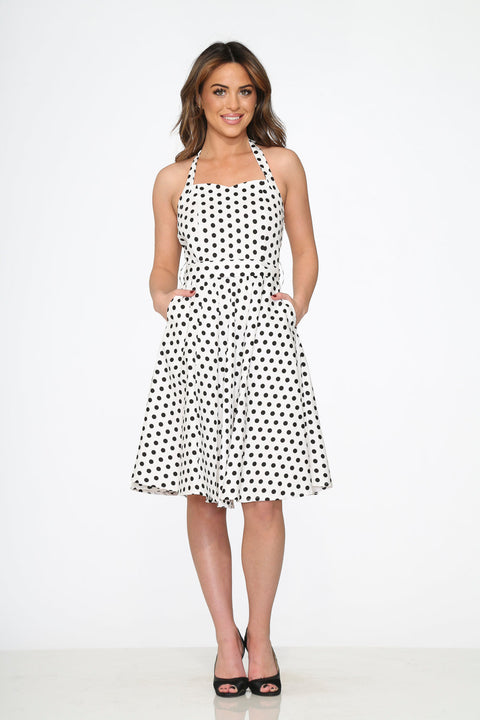 White & Black Polka Dot Halter Dress