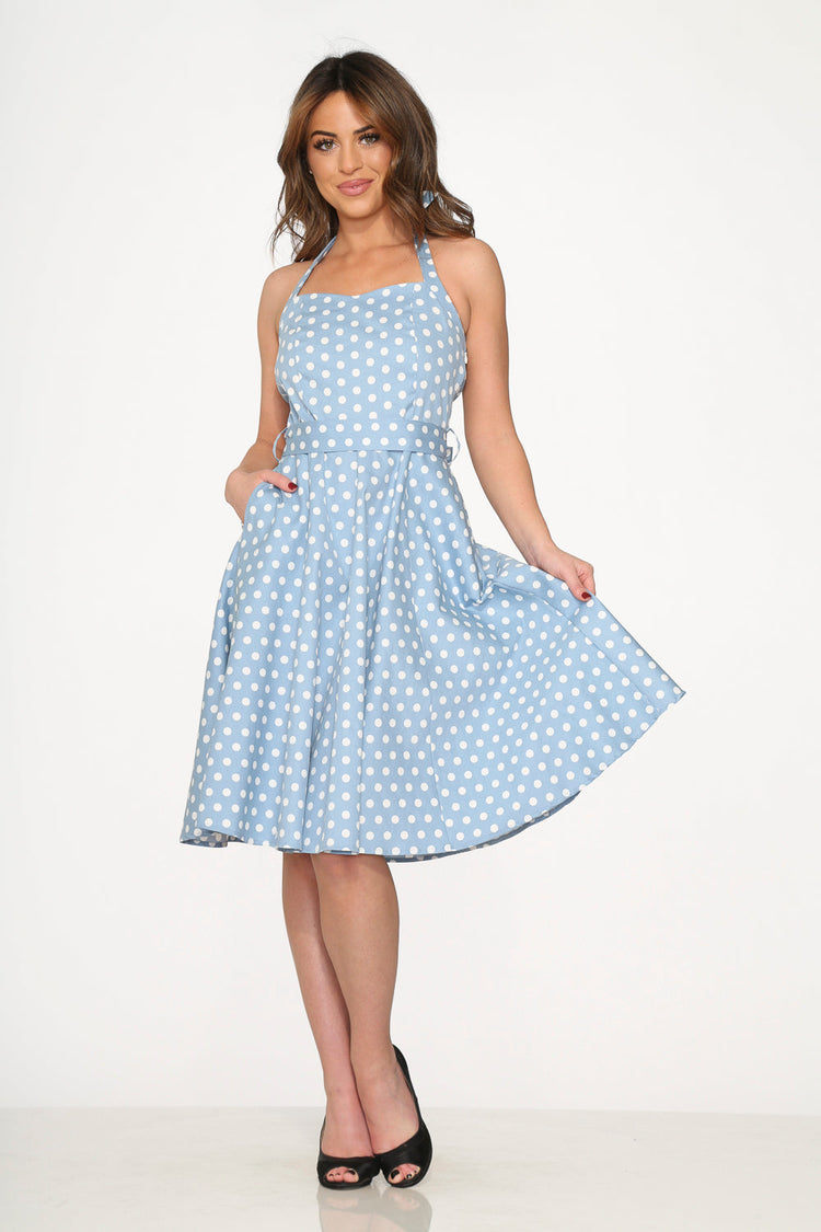 23235 Light Blue White Polka Dot Swing Dress