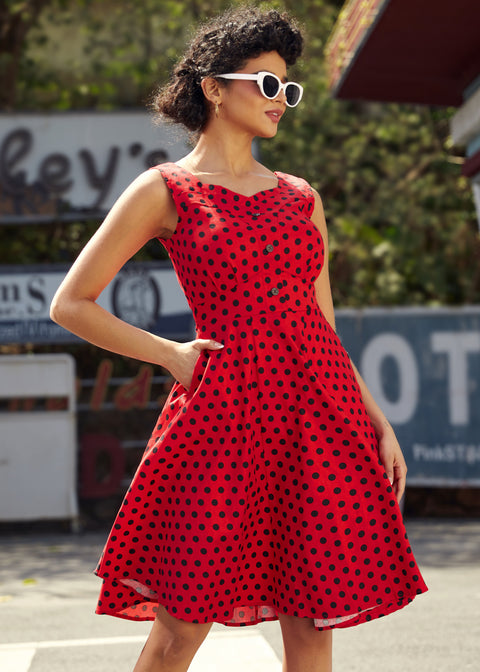 Red Black Polka Dot Swing Dress