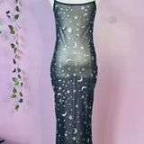 Sheer Hourglass Maxi Dress - Metallic Moon & Stars