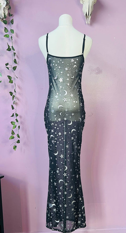 Sheer Hourglass Maxi Dress - Metallic Moon & Stars