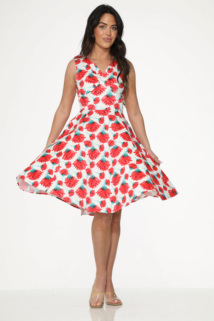 White Red Rose Swing Dress
