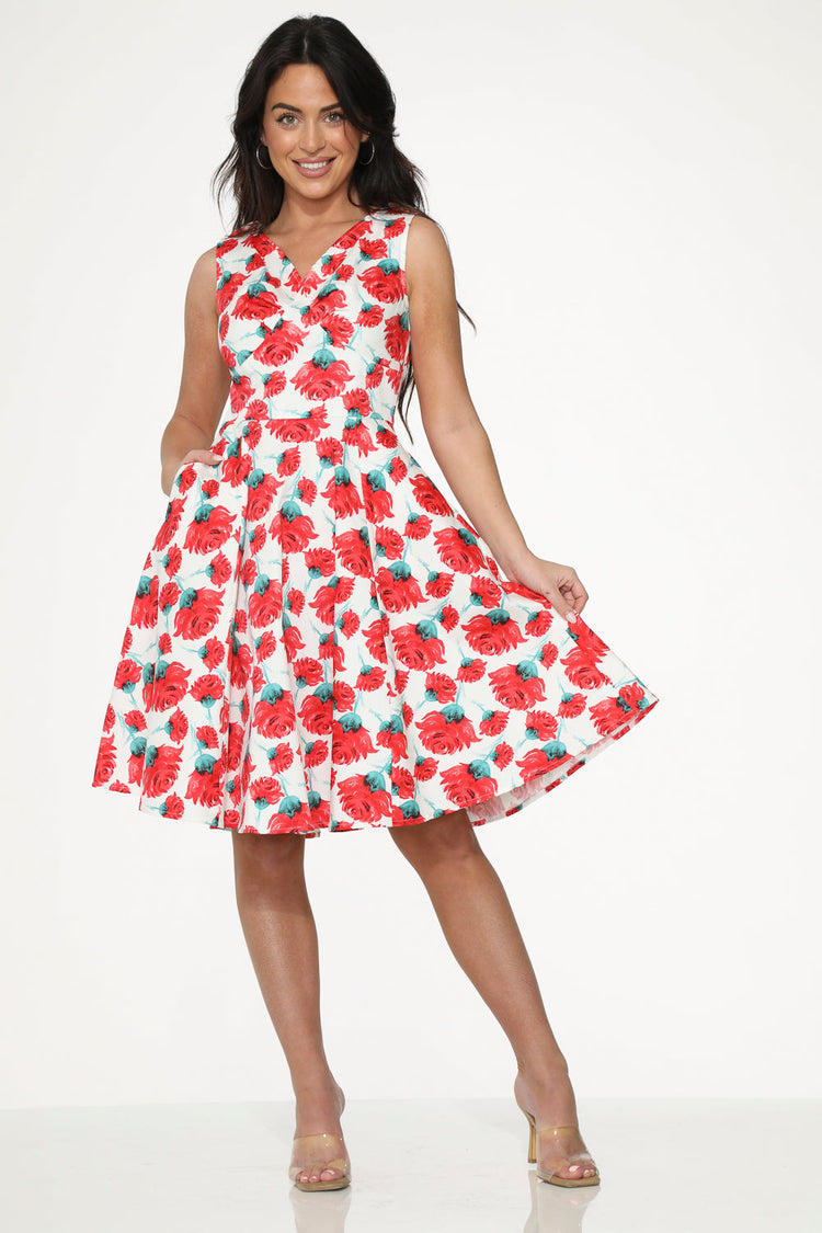 White Red Rose Swing Dress