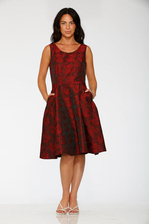 Black & Red Rose Brocade Floral Swing Dress