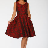 Black & Red Rose Brocade Floral Swing Dress