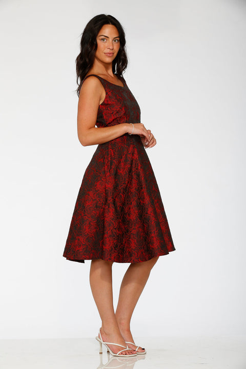 Black & Red Rose Brocade Floral Swing Dress