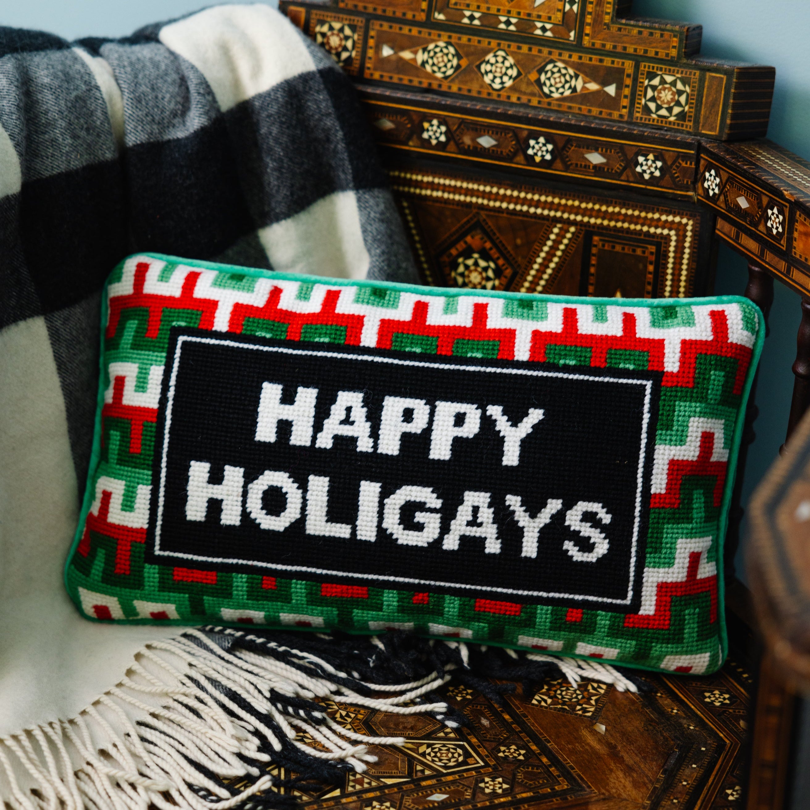 Needlepoint Pillow - Happy Holigays
