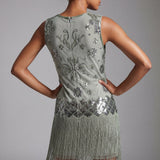 Sage Green Beaded Flapper Dress with Fringe Hem