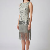 Sage Green Beaded Flapper Dress with Fringe Hem