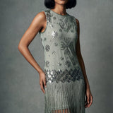 Sage Green Beaded Flapper Dress with Fringe Hem
