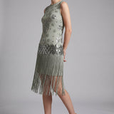 Sage Green Beaded Flapper Dress with Fringe Hem