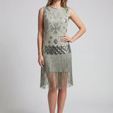 Sage Green Beaded Flapper Dress with Fringe Hem