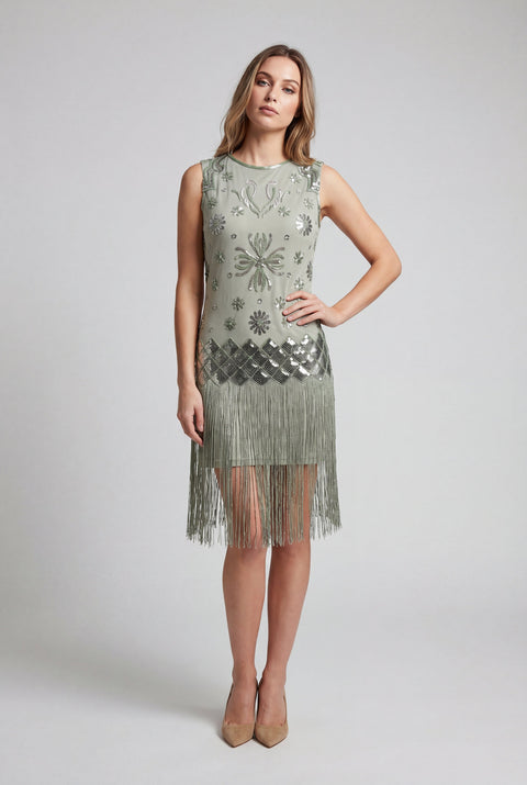 Sage Green Beaded Fringe Flapper Dress Medium Sage Green Beaded Fringe Flapper Dress Medium