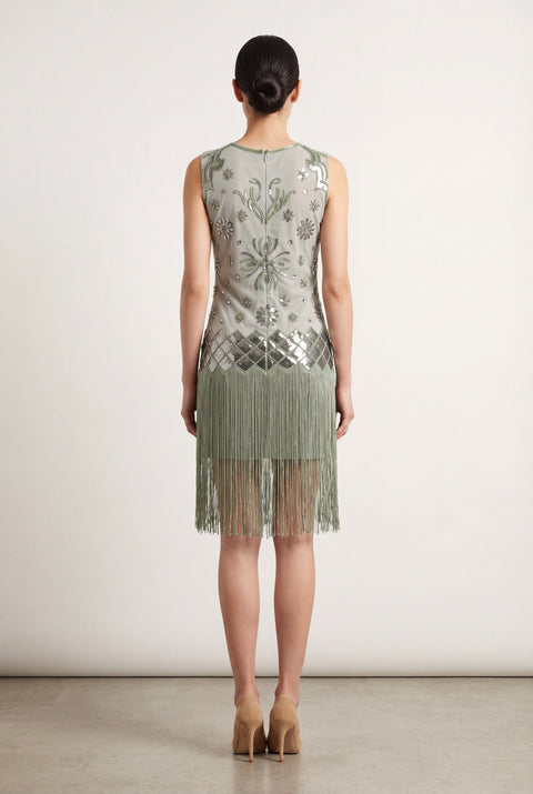 sage green fringe dress Fringe One Shoulder Maxi Dress
