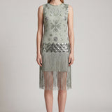 Sage Green Beaded Flapper Dress with Fringe Hem