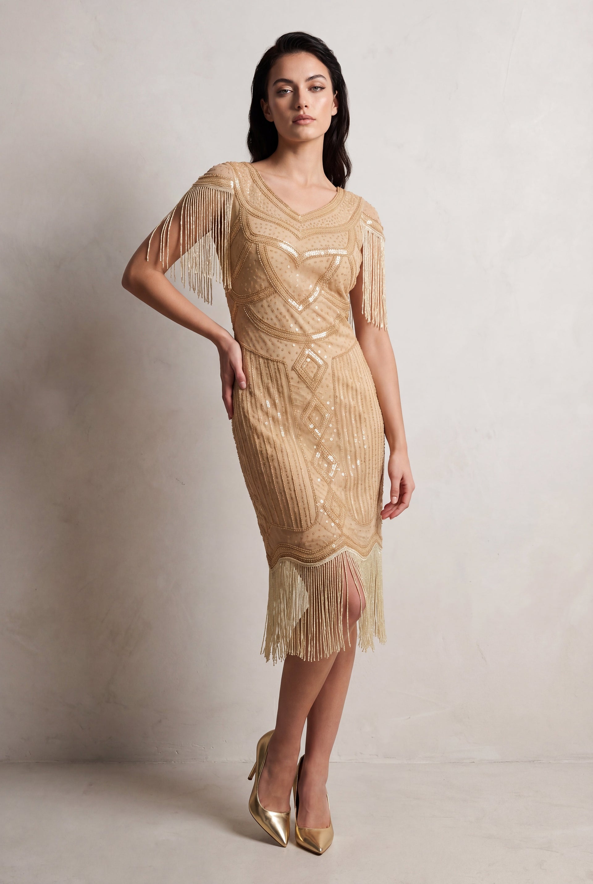 beige flapper dress Allegra 1920s Flapper Dress
