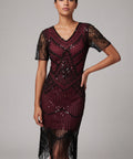 modcloth burgundy dress The Purrfectly Poised Fit & Flare Dress in Purrfect Parasol, Size 1X