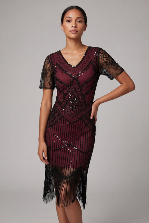 Burgundy Flapper Art Deco Dress XL Burgundy Flapper Art Deco Dress XL