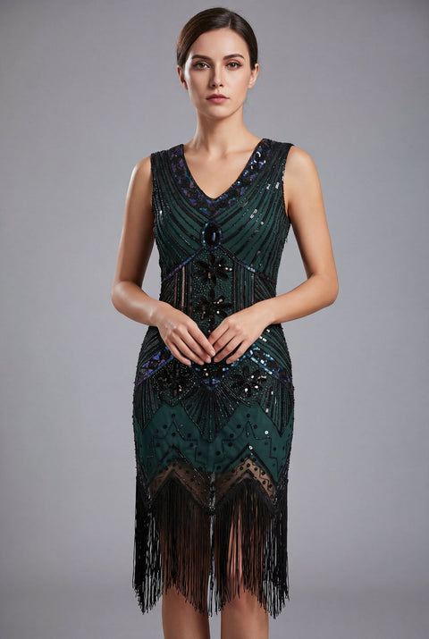 deep v neck flapper dress 1920s V-Neck Sequined Tassel Flapper Sleeveless Dress