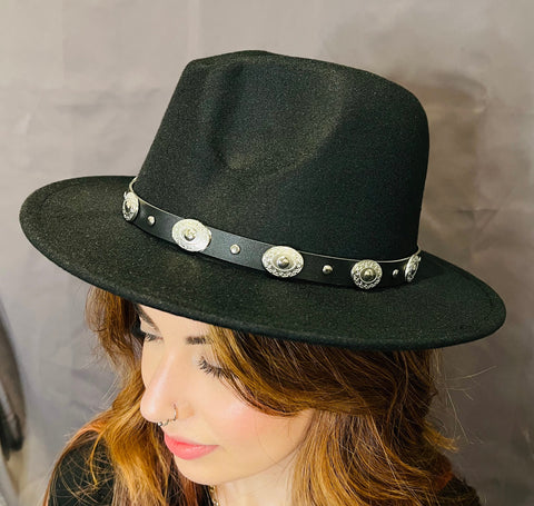 Vegan Felt Hat - Black - Western Concho