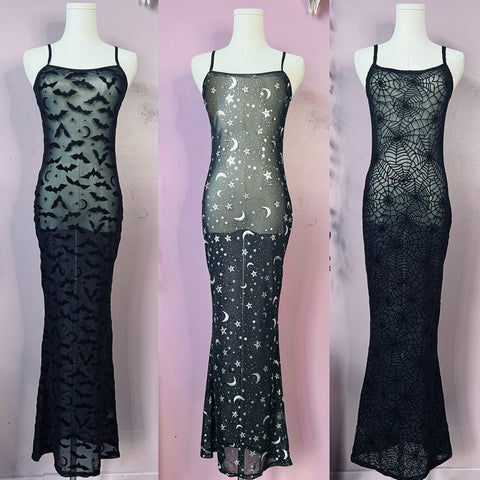 Sheer Hourglass Maxi Dress - Velvet Flocked Spider Webs