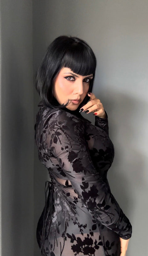 Ophelia - Velvet Flocked Lace Up Maxi Mermaid Dress