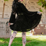 Nyx - Bell Sleeved Velvet Damask Dress with Harness