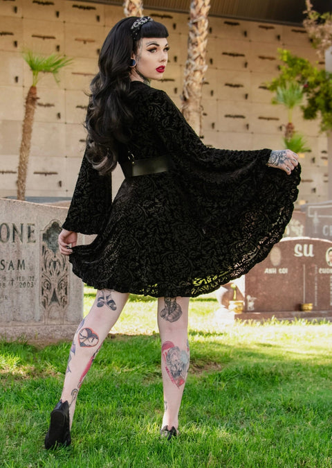 Nyx - Bell Sleeved Velvet Damask Dress with Harness