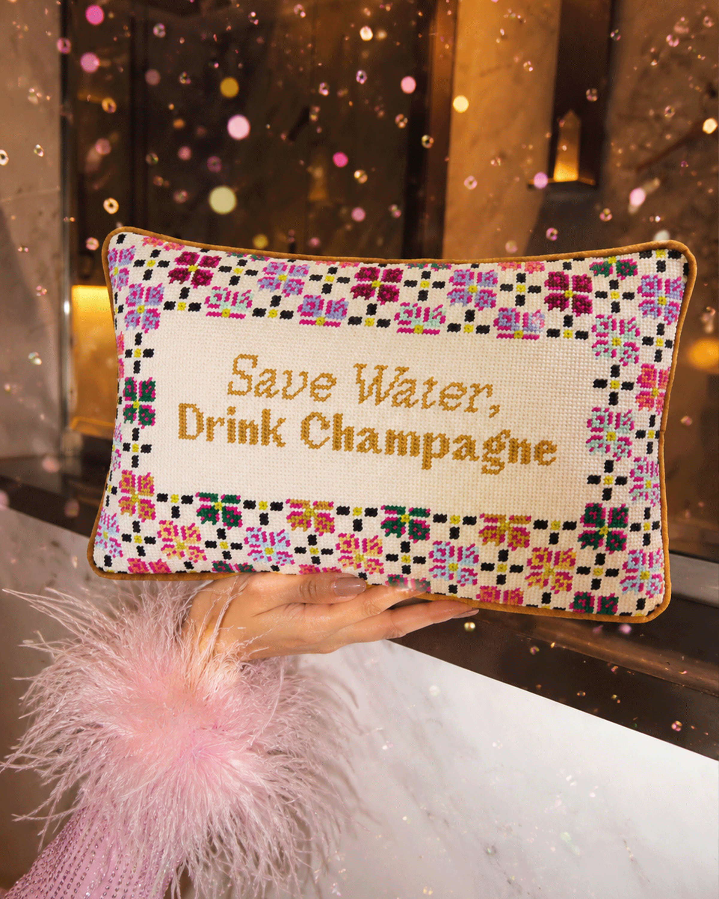 Needlepoint Pillow - Save Water, Drink Champagne