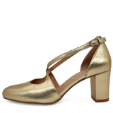 Oren Metallic Cross-Strap Block Heel Pumps