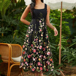 square neck fit and flare party dress with gored skirt vintage inspired a line silhouette front view