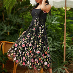vintage inspired square neck party dress styled for wedding guest or formal occasion full outfit view